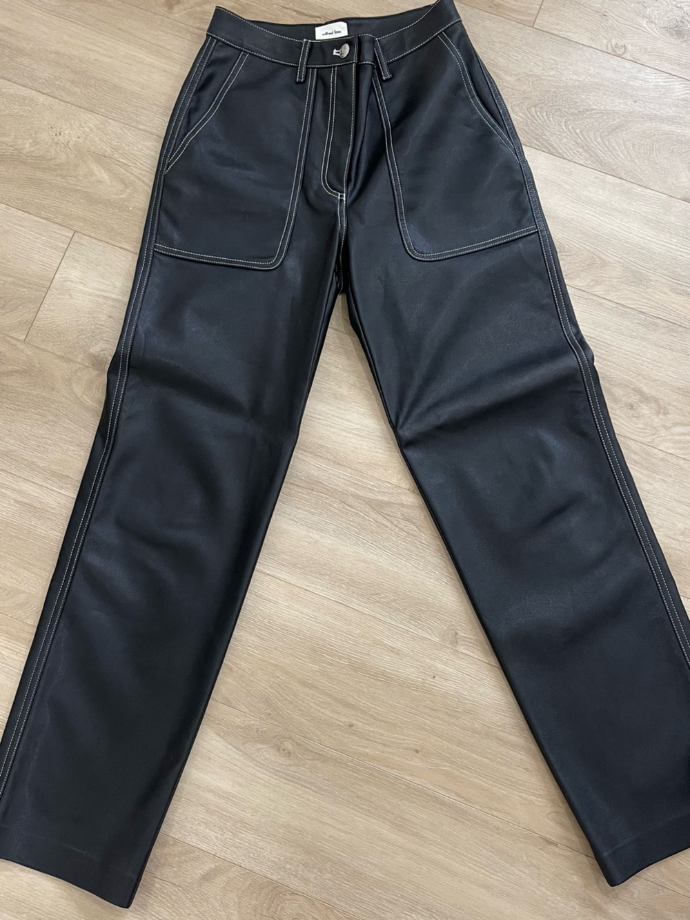 Wilfred Black Faux-Leather Straight-Leg Pants with Contrast Topstitching